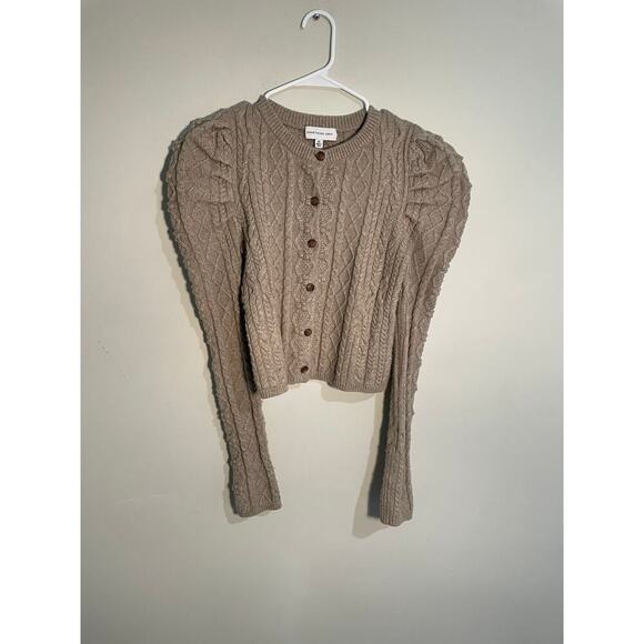 Something Navy Charlie Puff Sleeve Cable Knit Cardigan in Oatmeal Color - Picture 2 of 12